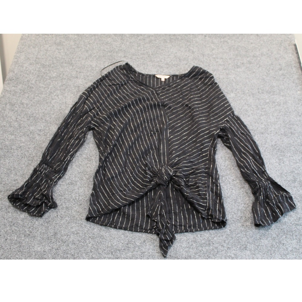 Juicy Couture Womens Black Silver‎ Metallic Pinstripe Tie Front Ruffle Top L